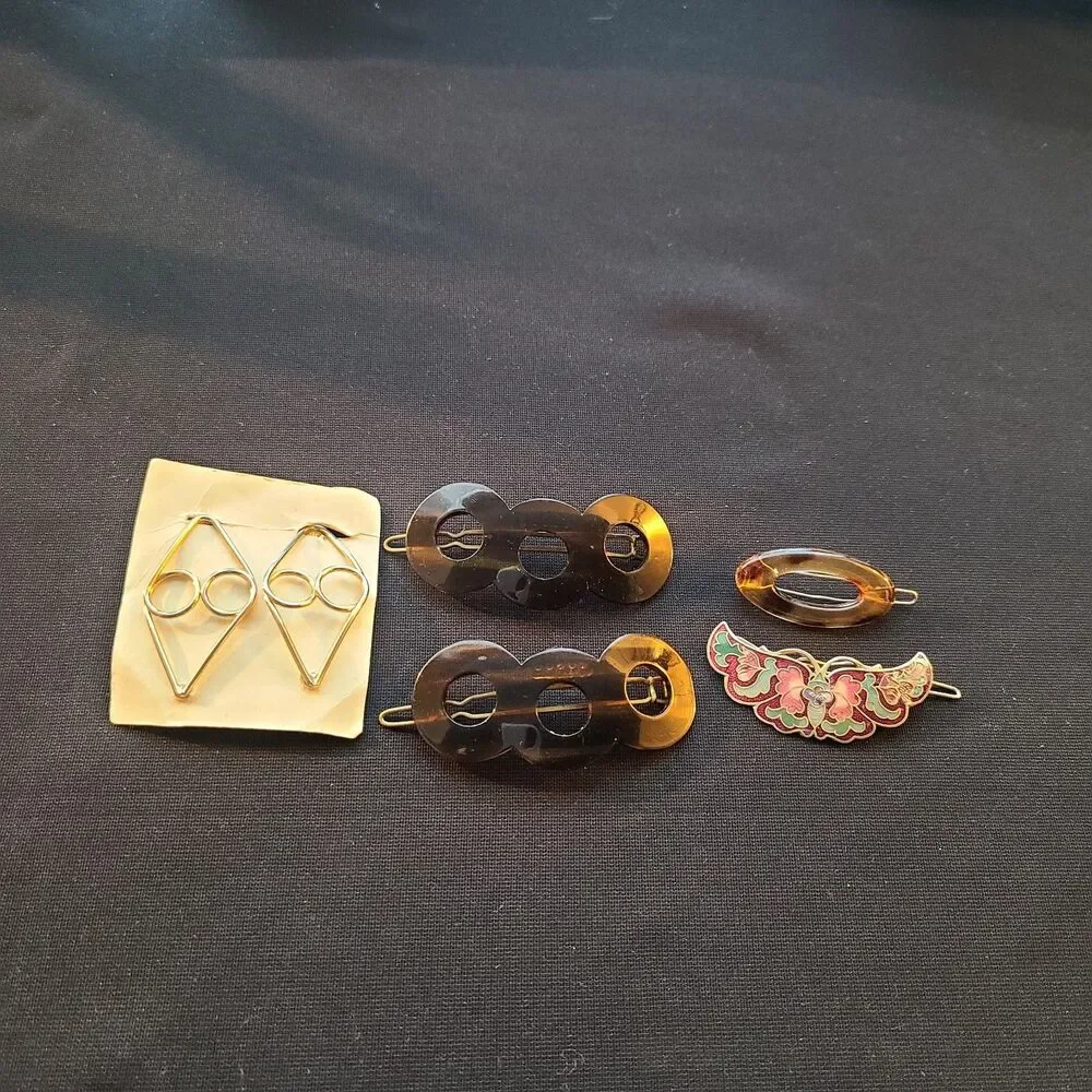 Vintage 50s 60s Hair Barrettes Tortoiseshell Cloisone (6 Pcs) Gold Tone Boho
